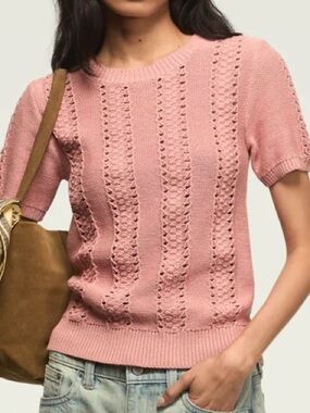 Lucky brand short sleeve vertical open knit stripe cotton sweater in pink size M